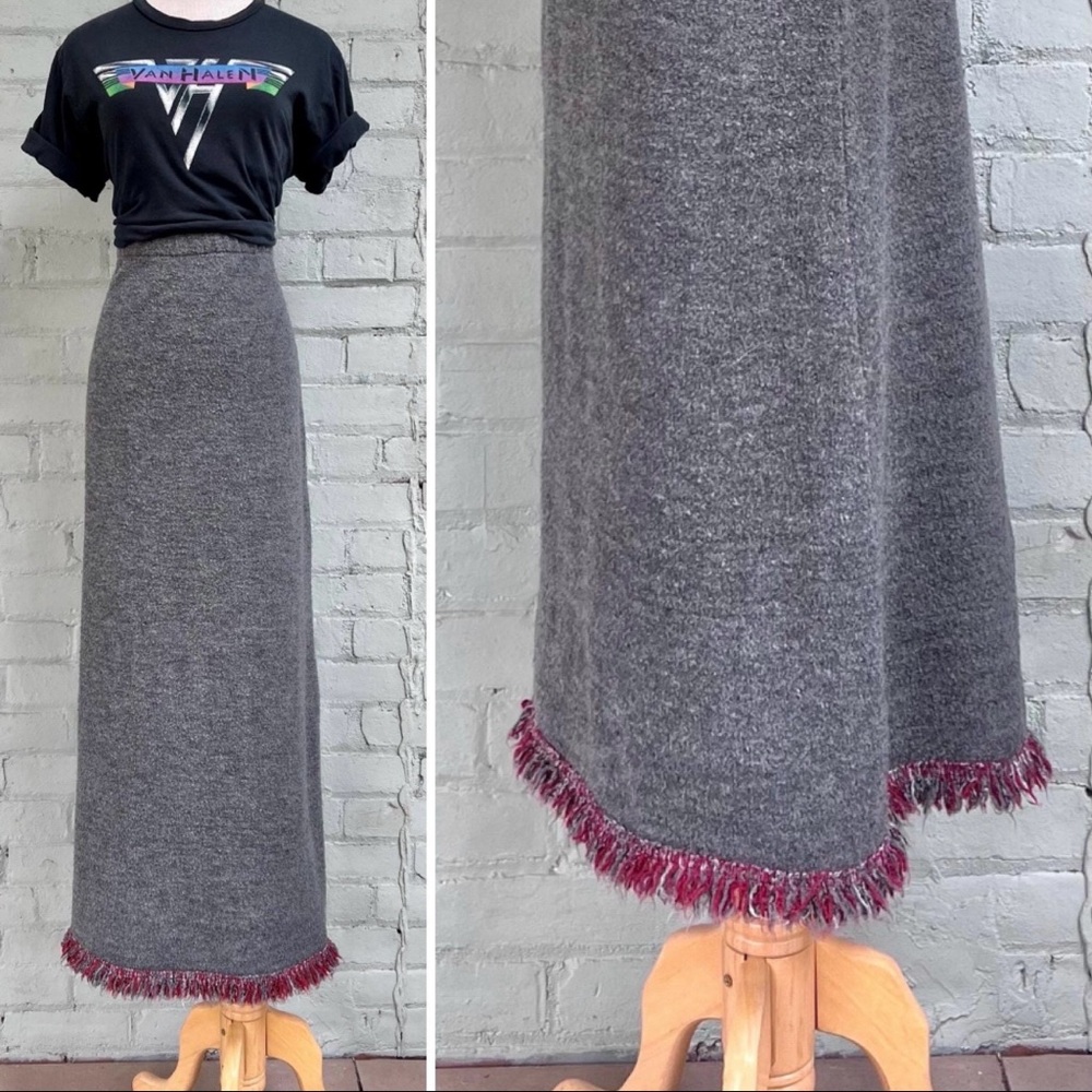 Vintage Gray Knit Maxi Skirt with Red Fringe